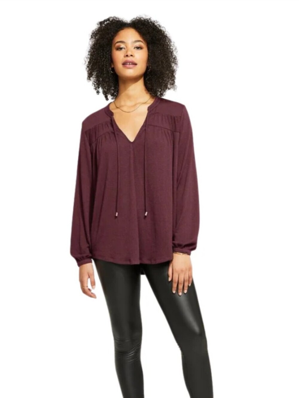 White House Black Market Plum Long-Sleeve Lace-Yoke Peasant Blouse Size Small